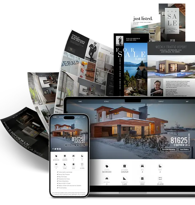 Premier Home Shots marketing kit graphic showing a property website, flyers, and social graphics