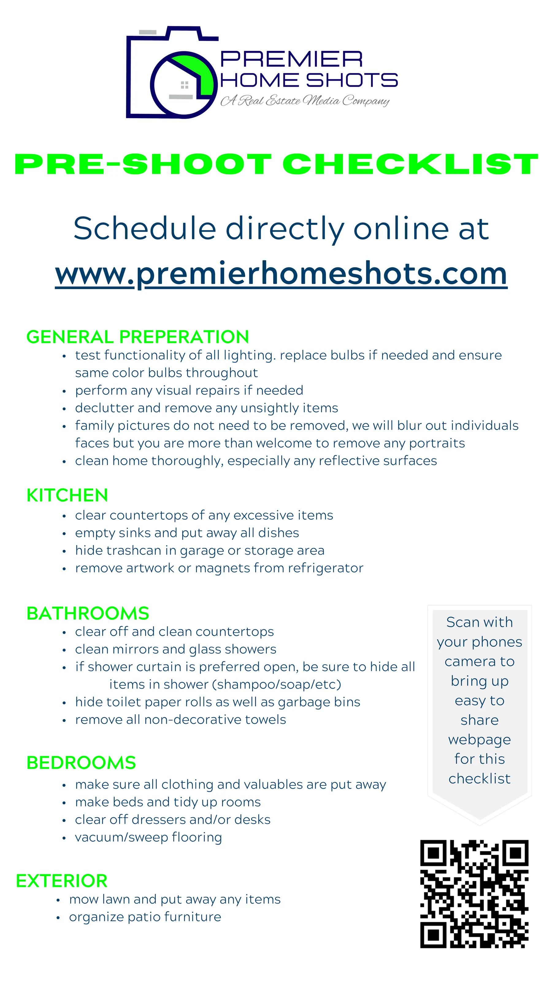Premier Home Shots pre-shoot checklist magnet covering general prep, kitchen, bathrooms, bedrooms, and exterior
