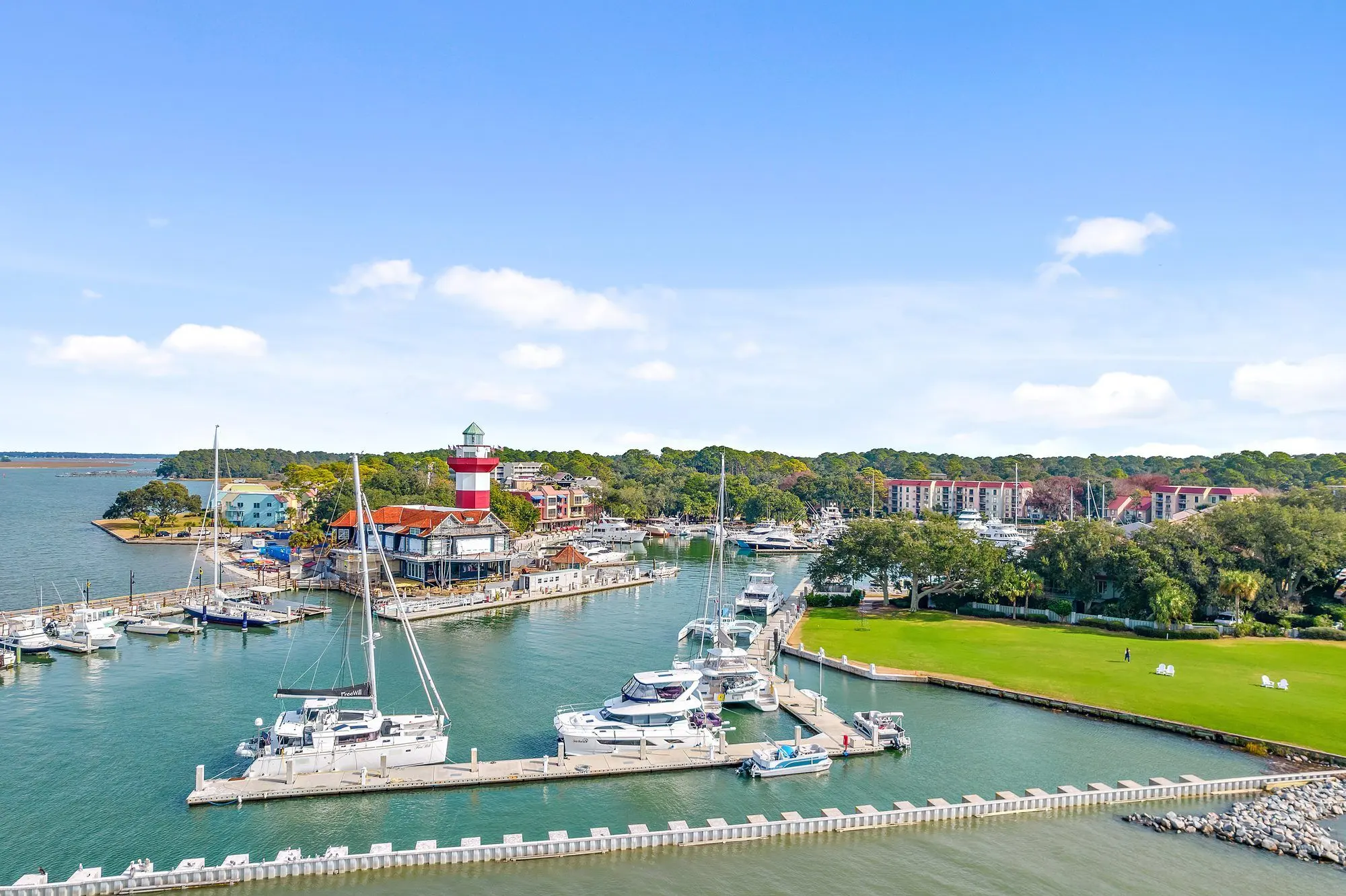 Aerial view of the Harbour Town lighthouse and marina on Hilton Head Island