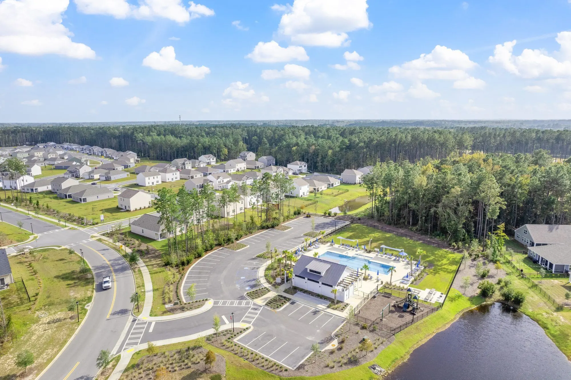 Aerial view of a Pooler, GA neighborhood and its amenity center