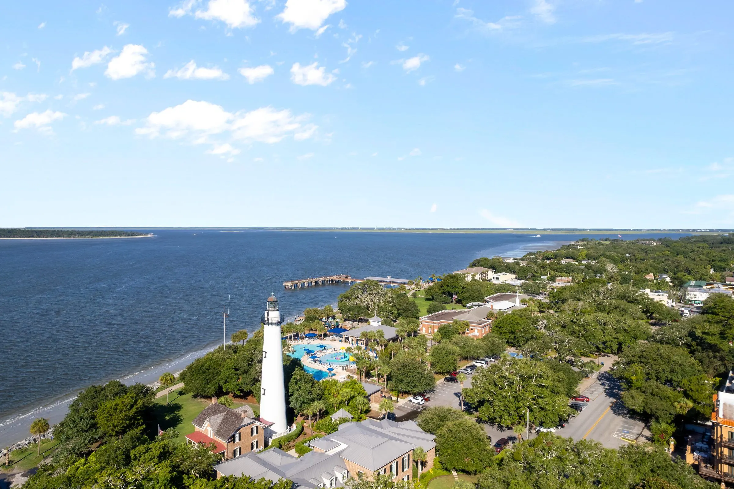 Drone view of the St. Simons lighthouse and coastline